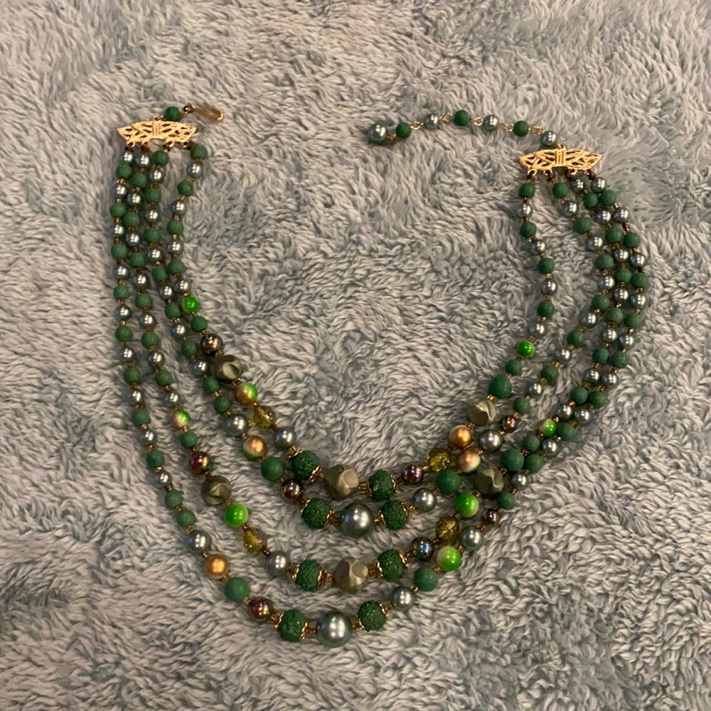 Vintage Four Strand Green Beaded Necklace
